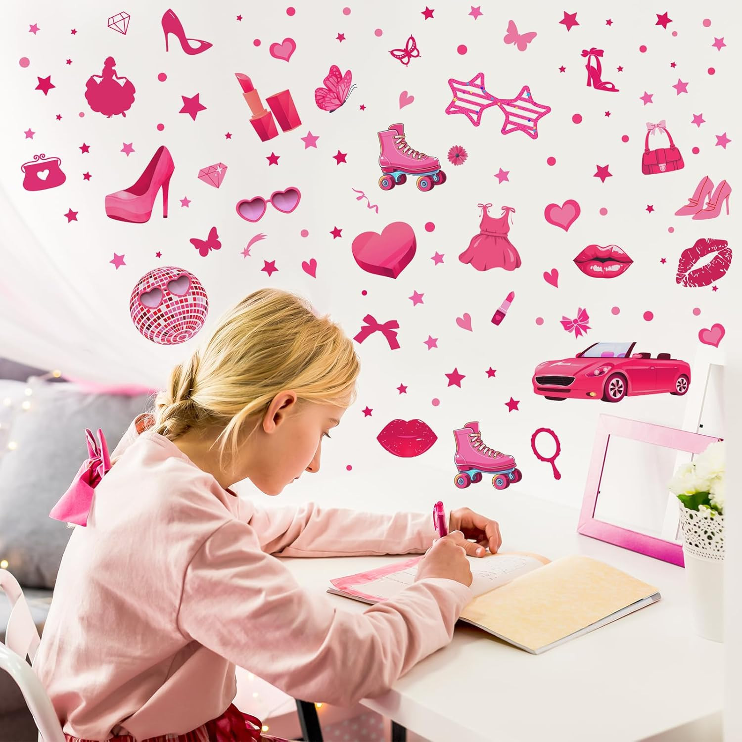 116 Pcs Hot Pink Girl Wall Stickers, Doll Lip Heart Room Decor for Girls Bedroo