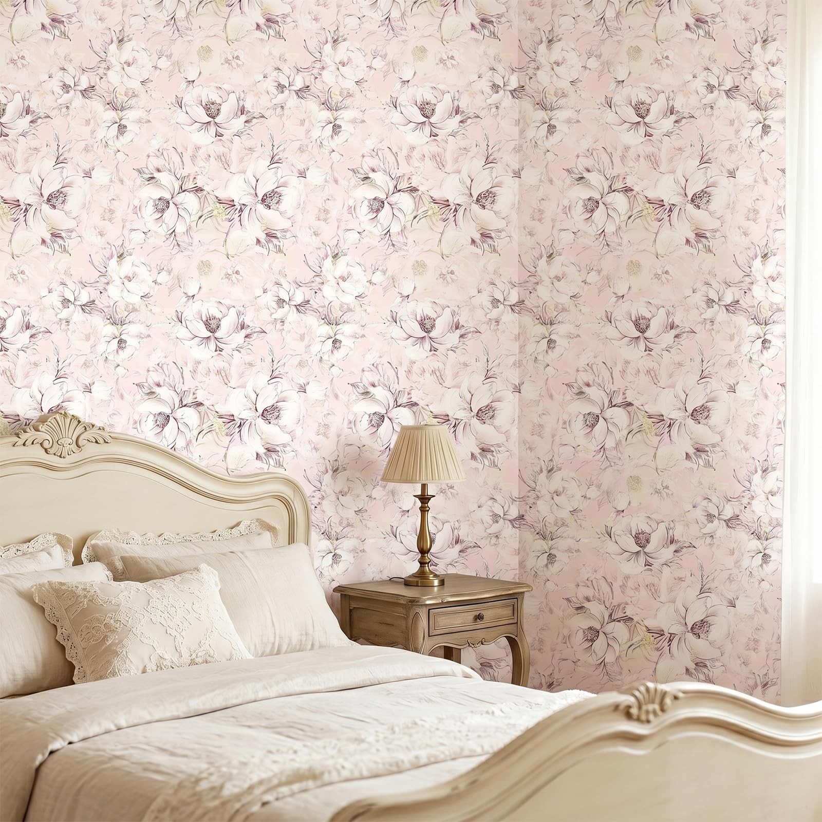 17.5in X 23ft Removable Aesthetic Floral Wallpaper Pink Peel and Stick Renter…