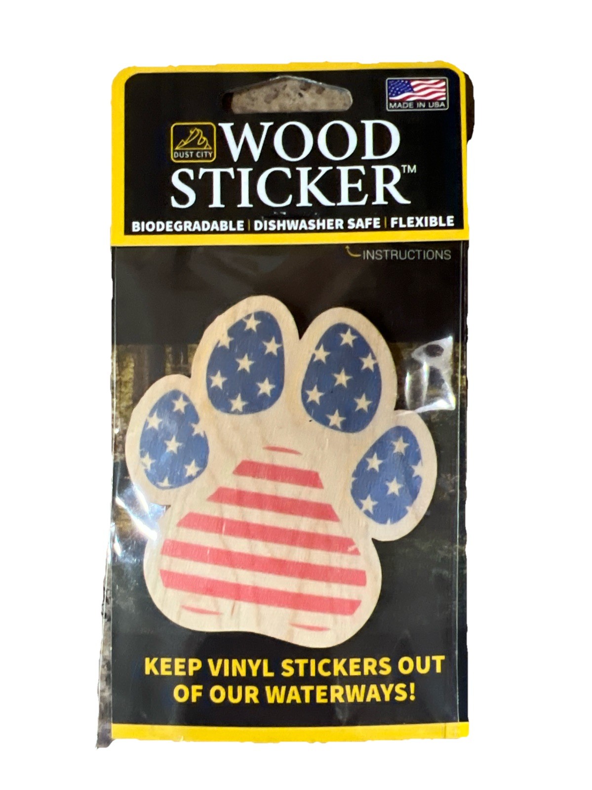 USA Flag Dog Paw WOOD Sticker 3M Dishwasher SAFE Biodegradable Dust City NEW