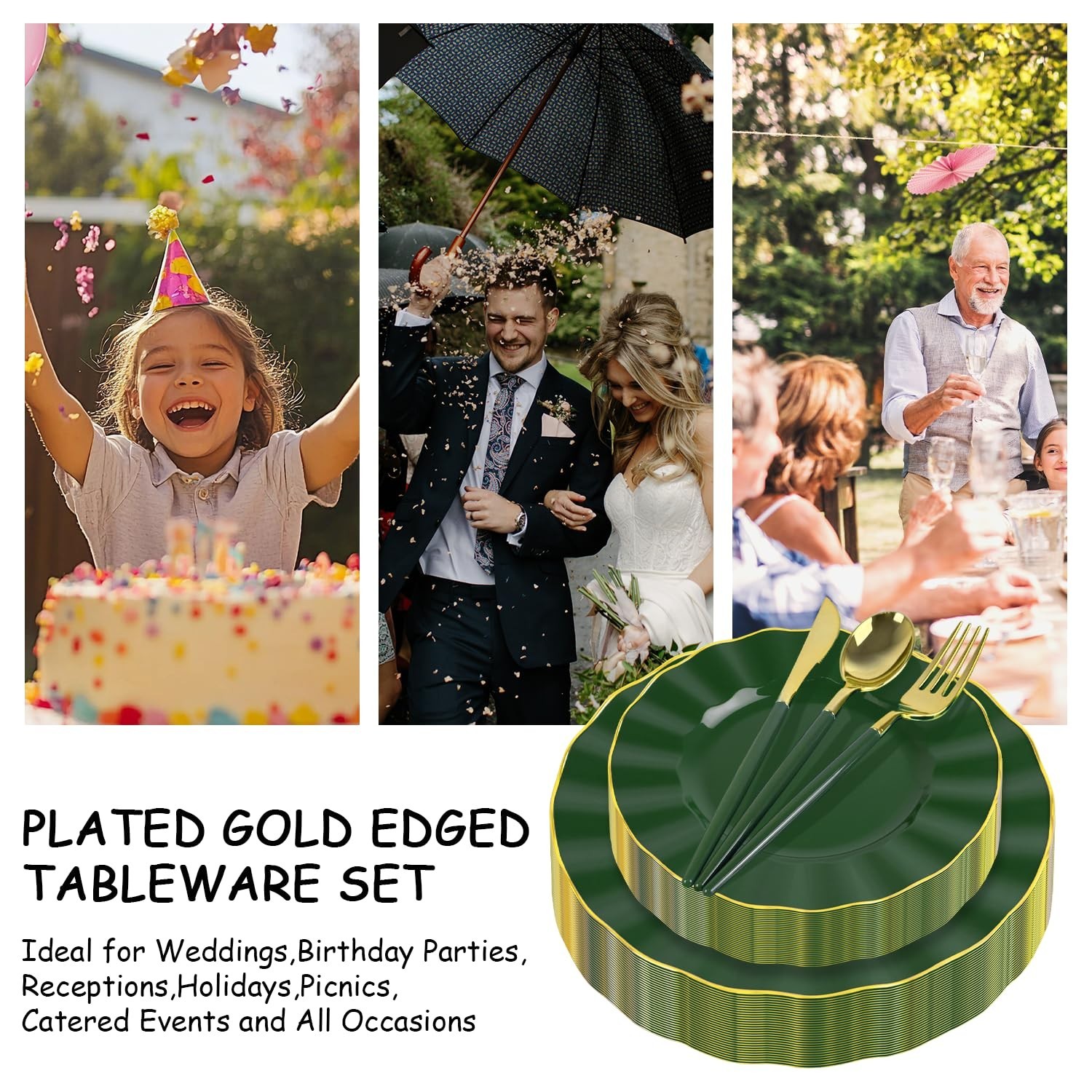 150Pcs Plastic Plates with Gold Rim,Heavy Duty Green Plates for 30 Guests,Pla…