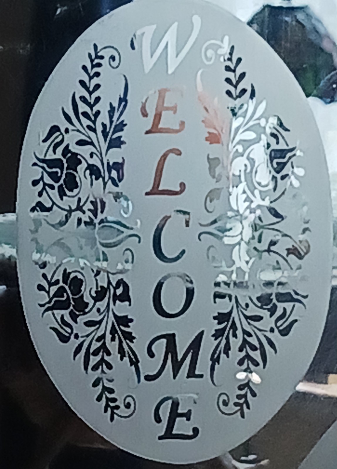 WELCOME Window Decal 4"x6" OVAL Etched Glass Look Cling Removable & Reusable 37V