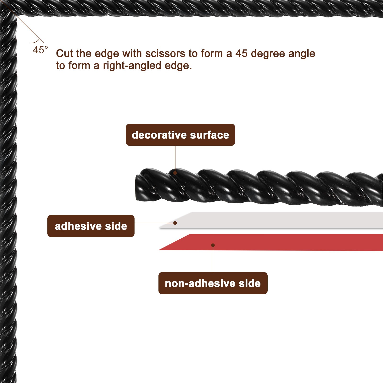 Flexible Wall Trim Molding Trim 16.4Ft x 0.39 Inch Adhesive Line Black