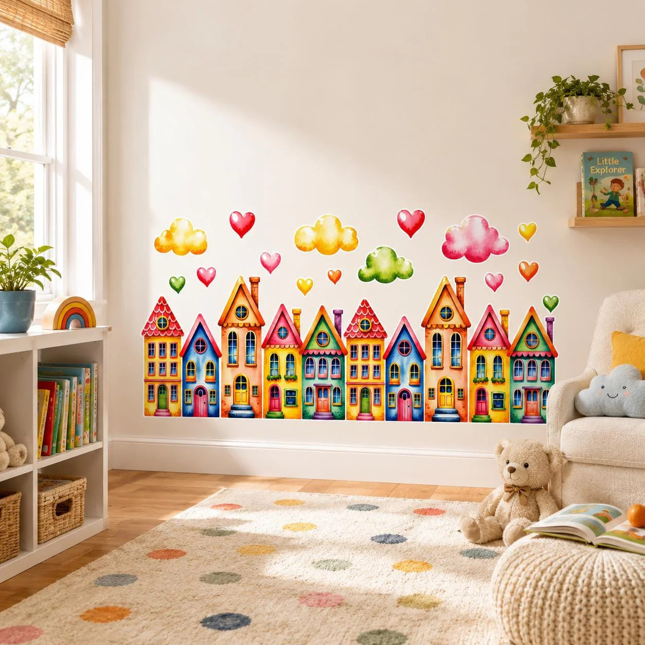 Colorful Watercolor Houses Wall Vinyl Decal | Rainbow Town Street Sticker