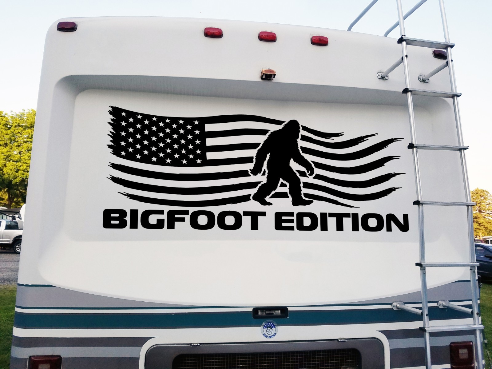 Bigfoot Edition RV Camper Decal – Distressed American Flag Sasquatch