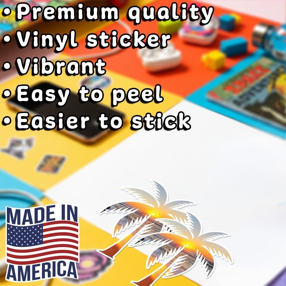 Tropical Palm Tree Beach Sunset Bumper Sticker 5 H" x 4.35 W" MacBook Car Decal