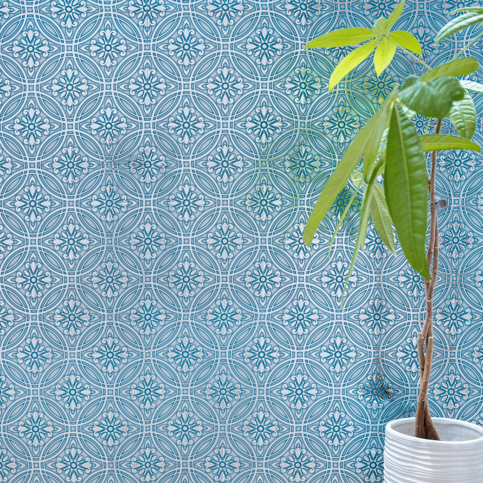 Main Street 24-Pack of 8 x 8" Wallpaper Tiles Peel and Stick Metallic Teal Pa…