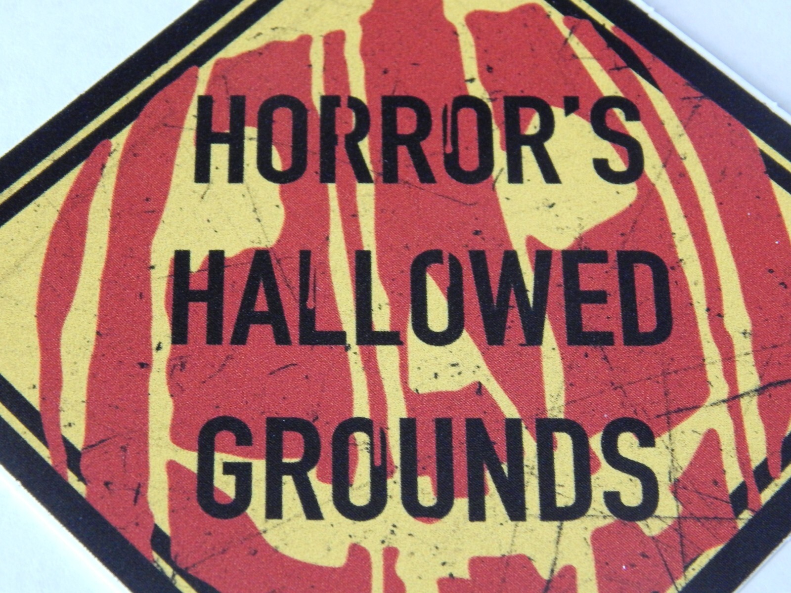 Horror's Hallowed Grounds Pumpkin Halloween Sticker 4" X 4" Red Yellow Black New