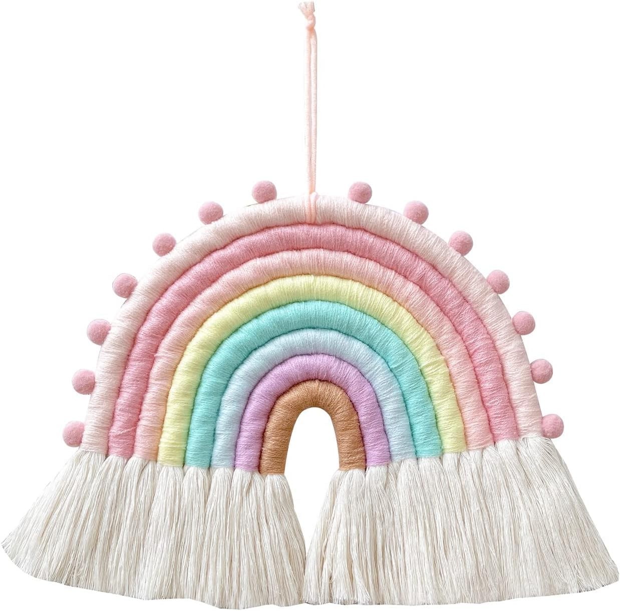 Large Macrame Rainbow Wall Hanging Decor Handmade Pom Pom Garland Rainbow Dec…