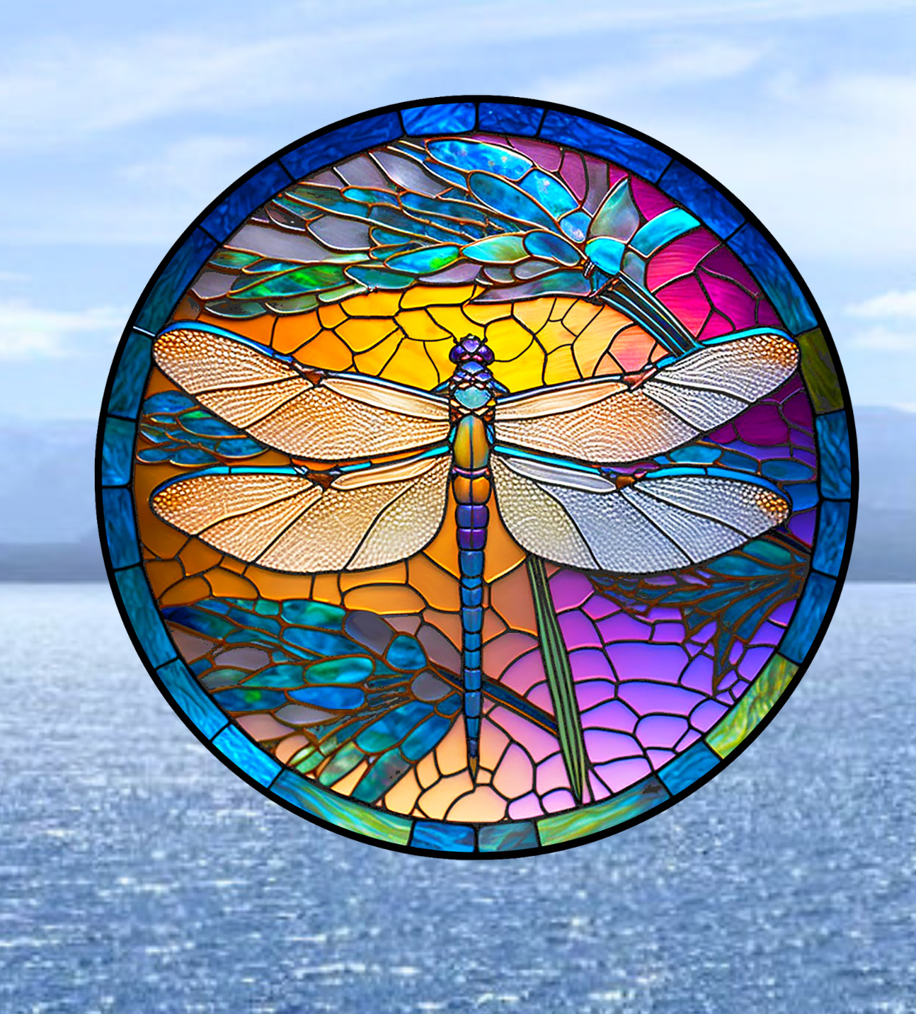 Dragonfly Faux Stained-Glass WINDOW CLING Sun-catcher Size 8" Round Vinyl