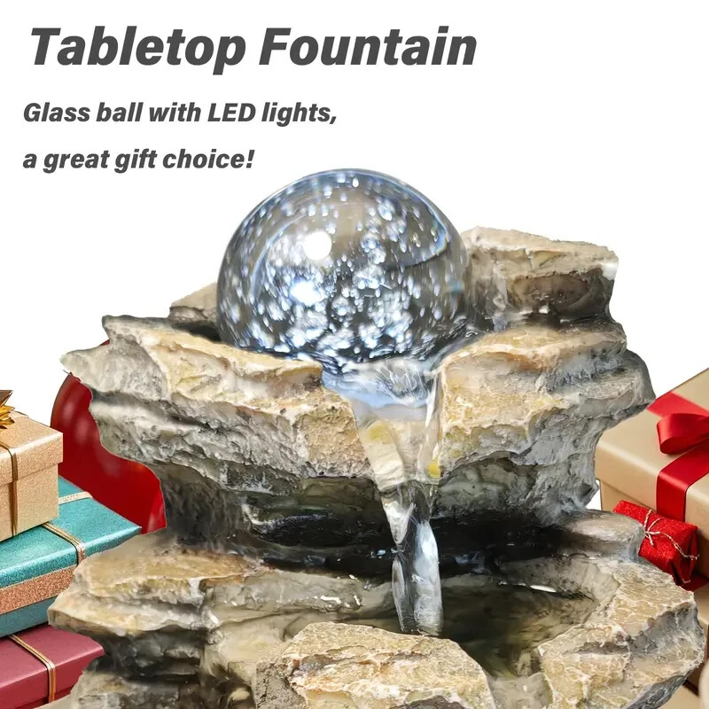 Resin Fountain Indoor Waterfall Fountains LED Light Realistic Rock Design Gift