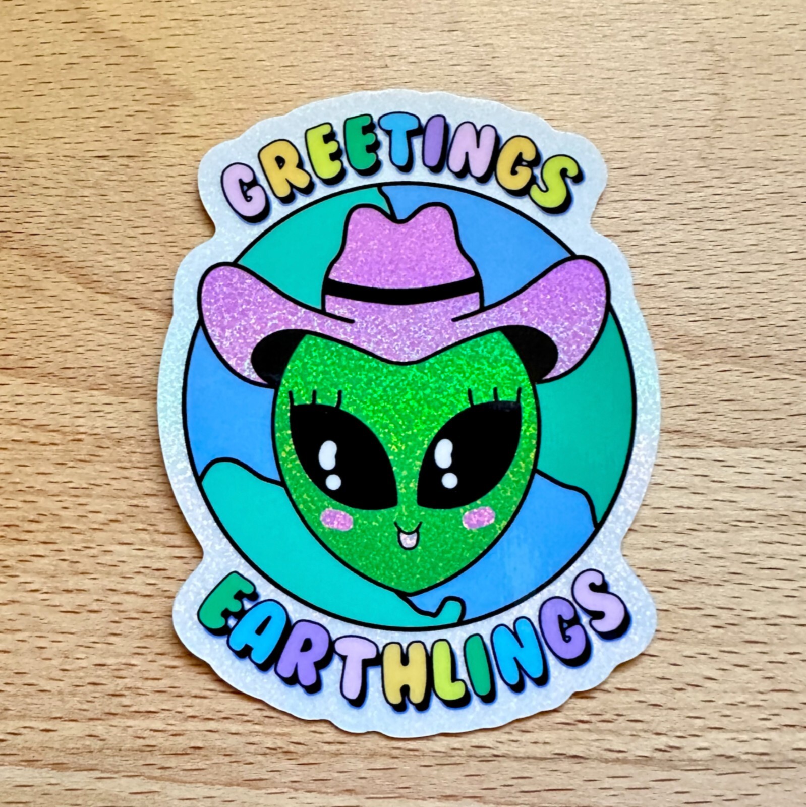 Greeting Earthlings Alien Glitter Dust Rainbow Waterproof Sticker