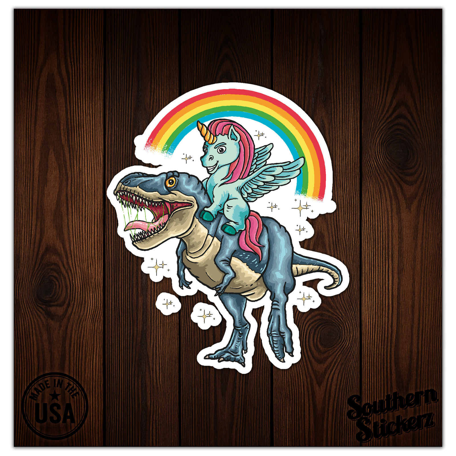 Unicorn Riding T-Rex – Vinyl Decal Sticker – Car Window Laptop – ebn8532