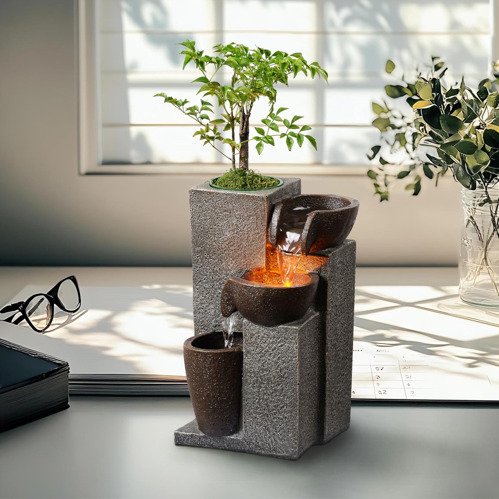 Resin Tabletop Waterfall Fountain with LED Light & Plant Pot, Indoor Desk Wat…