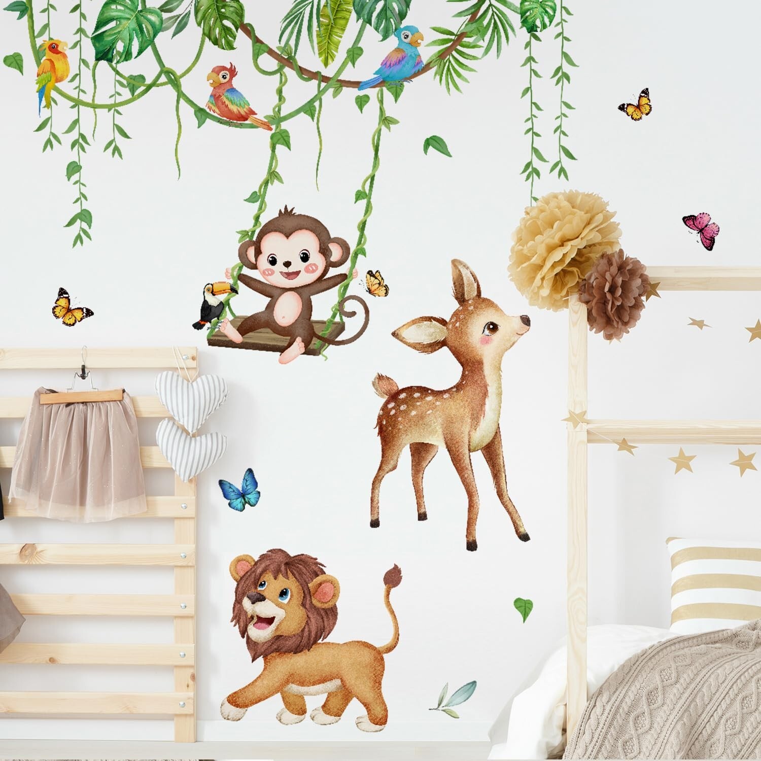 Safari Animals Wall Decals Tropical Leaves Wall Stickers Green Hanging Vines …