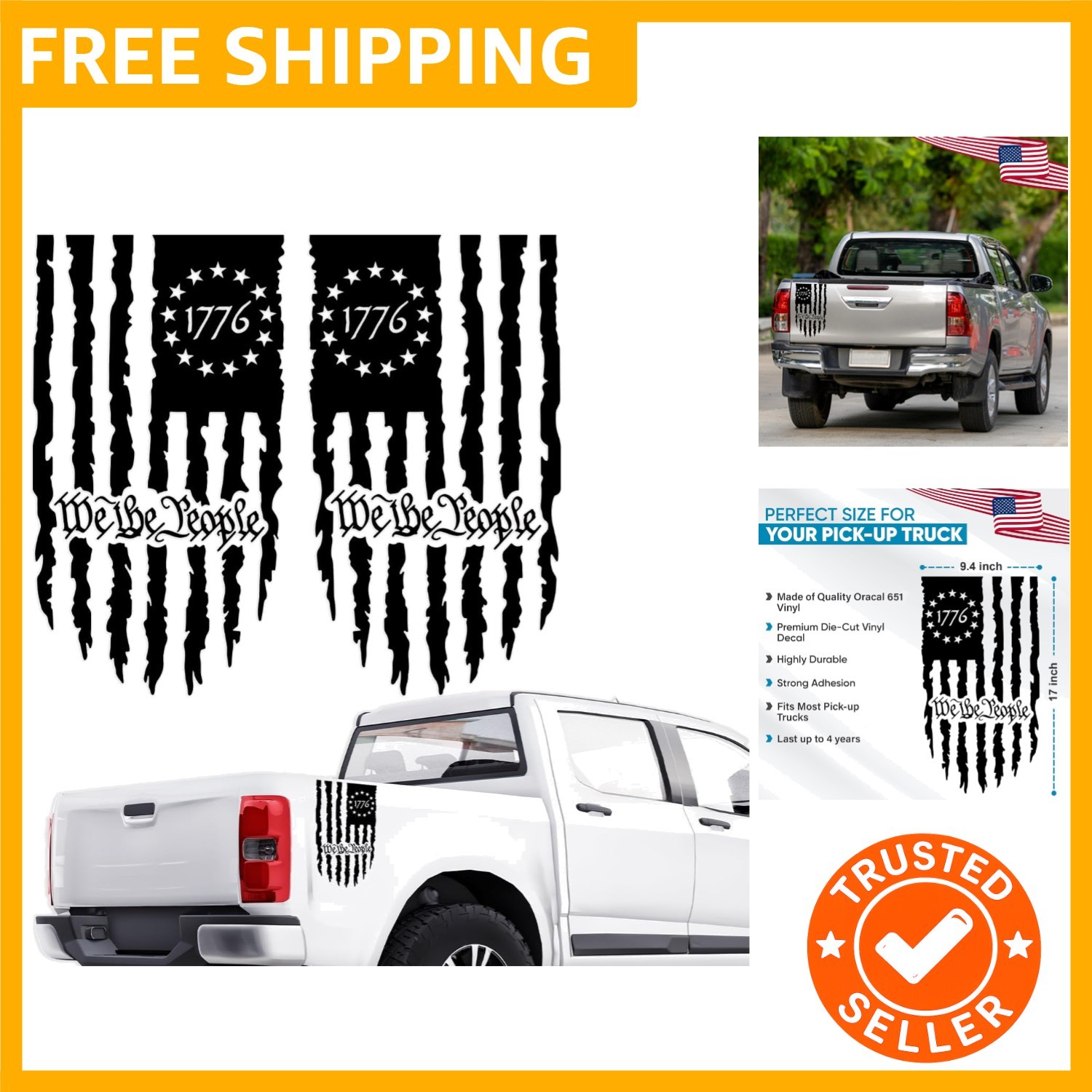 We The People Distressed American Flag Graphic Decal Vinyl 2 Pack for Both Si…