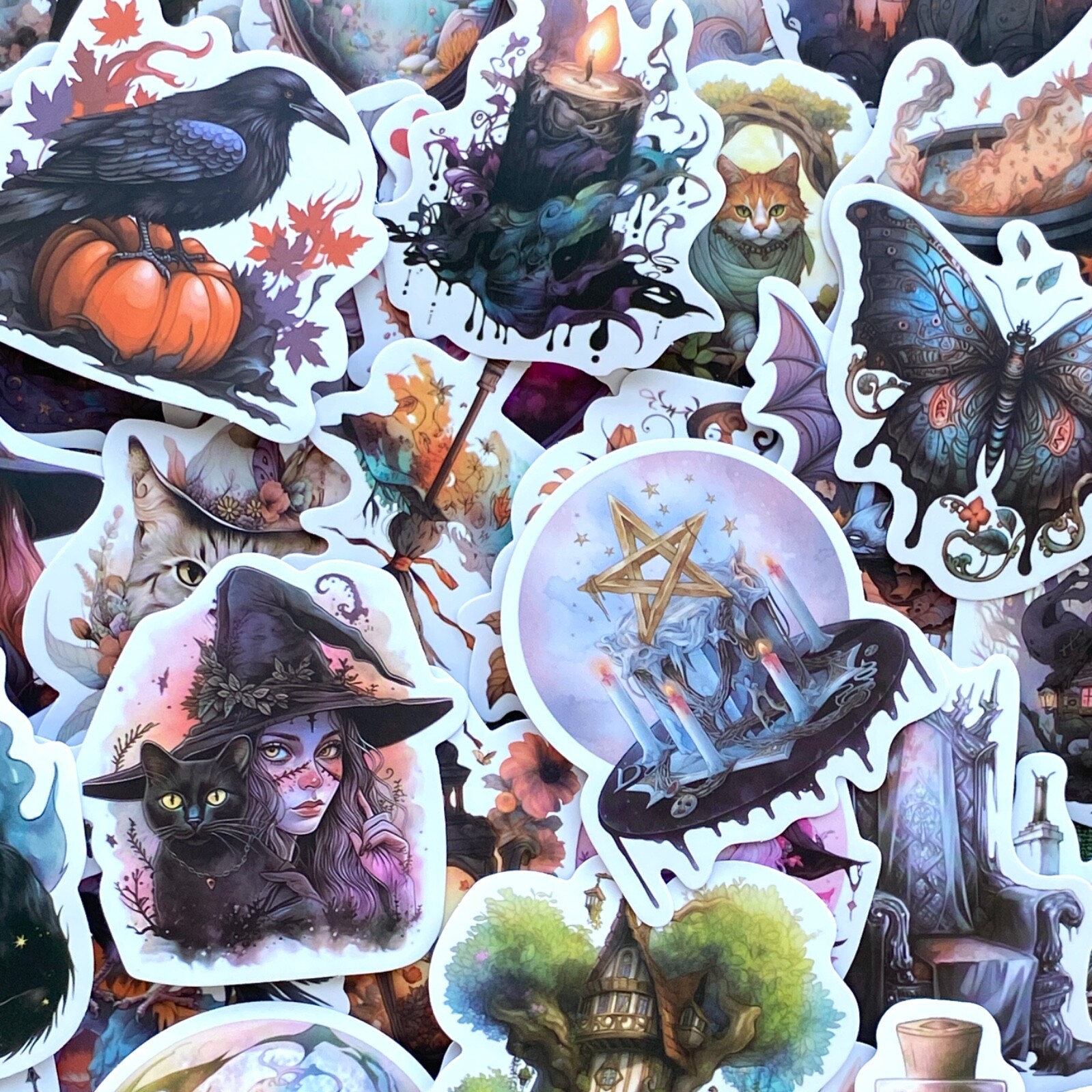5-50 pcs Gothic Witch Stickers, Halloween Raven Dark Candle Water Bottle Decals