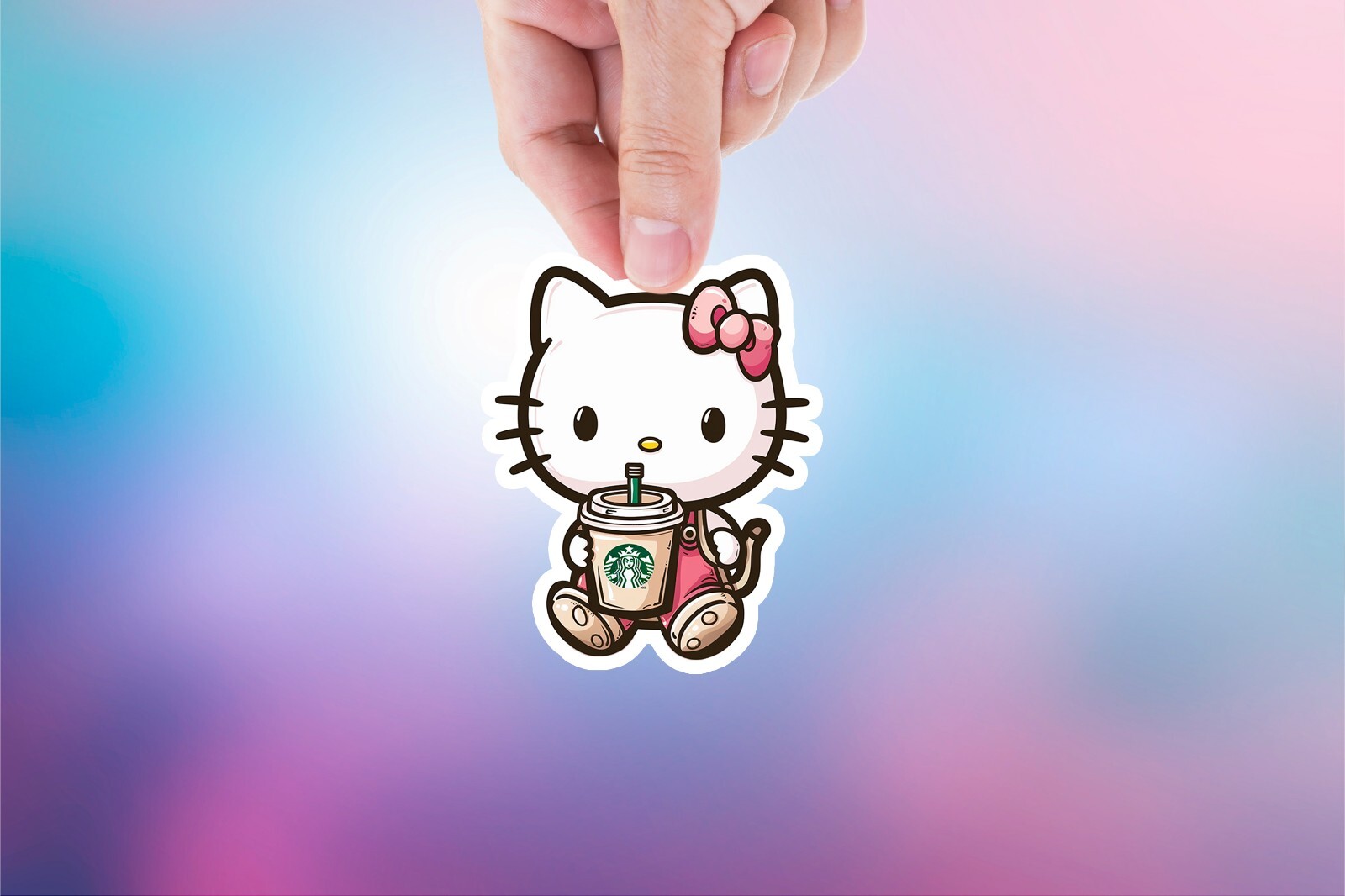 Kitty with Starbucks Sticker, Cute, Waterproof, Laptop, Water Bottle, Die Cut