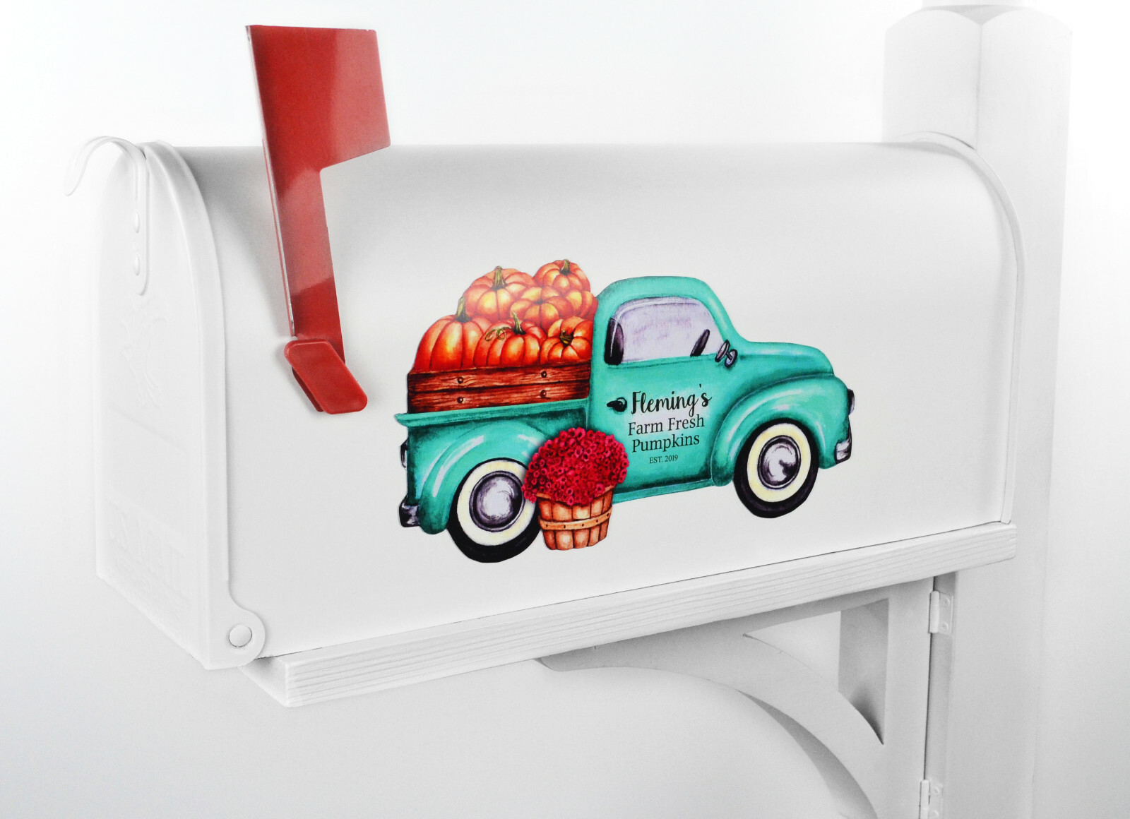 Mailbox Magnet (Partial Cover) Teal Vintage Chevy Ford Truck full of Pumpkins