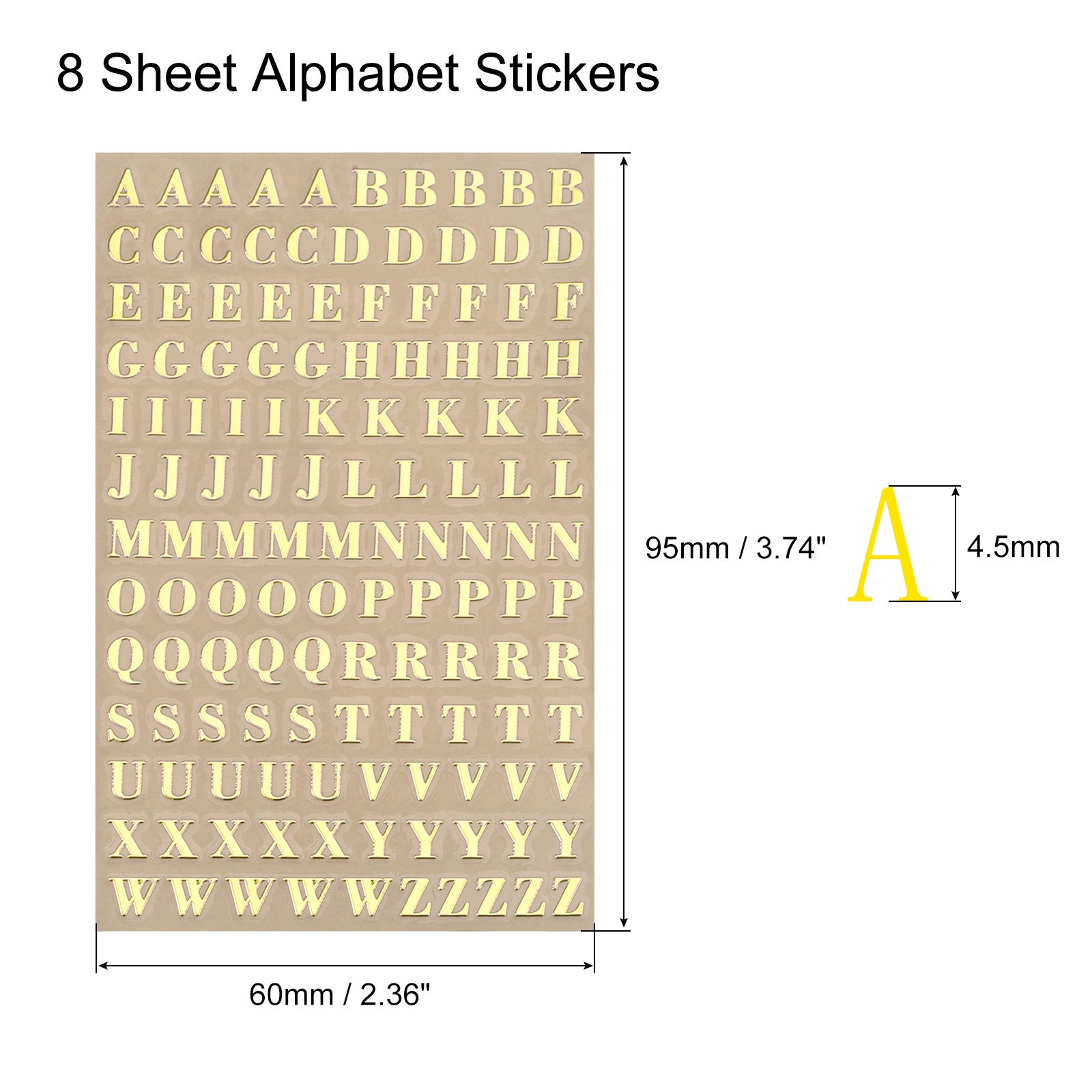 Letter Resin Stickers 8 Sheets Alphabet Sticker Glitter Uppercase Gold 4.5mm