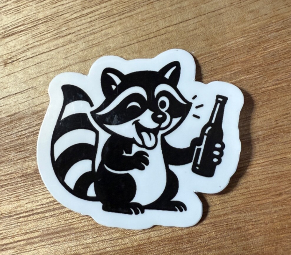 STICKER epic drinking raccoon trash panda Laminated vinyl black white