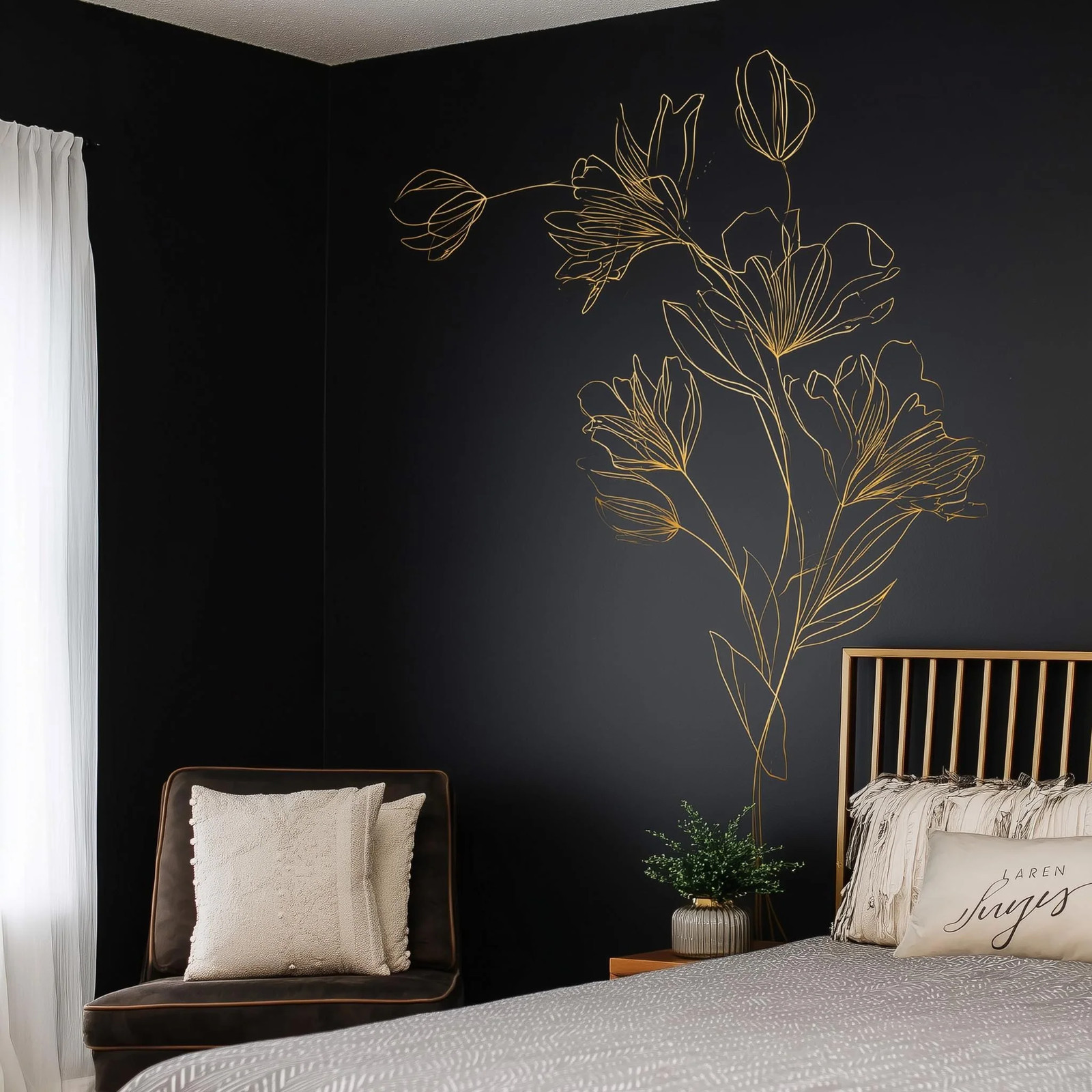 Gold Floral Line Art Wall Decal | Minimalist Corner Flower Wall Sticker
