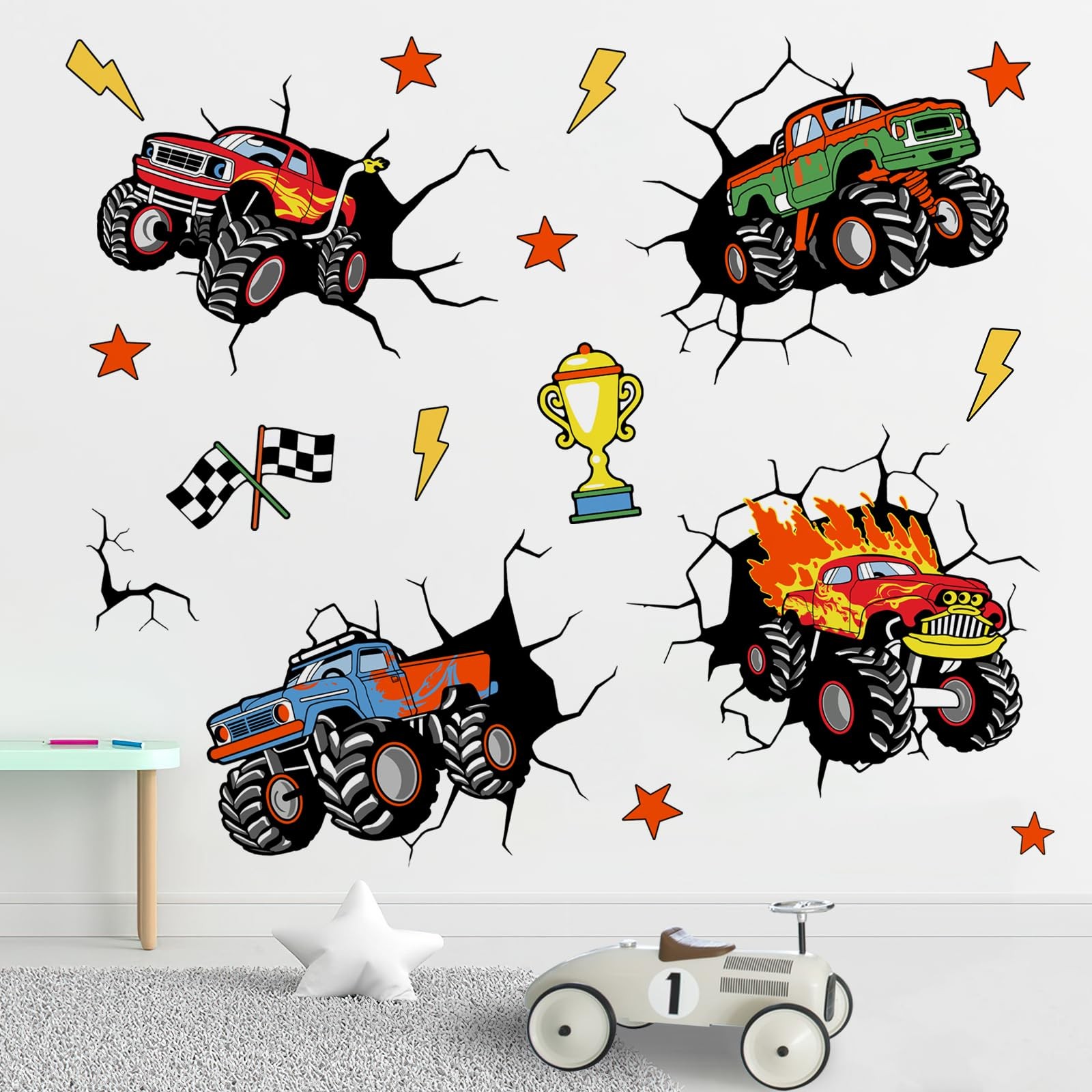 3D Racing Cars Wall Decals Stickers, Trucks Vehicles Break Through Baby Nurse…
