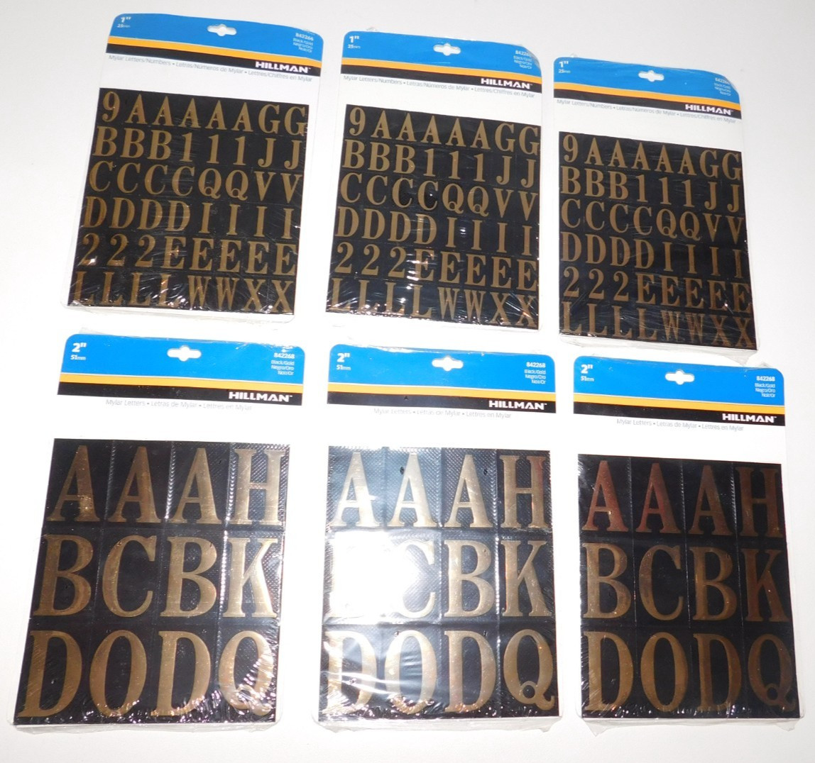 HILLMAN MYLAR LETTERS NUMBERS 1" & 2" 3 PACKS OF EACH 84268 84266 Black Gold