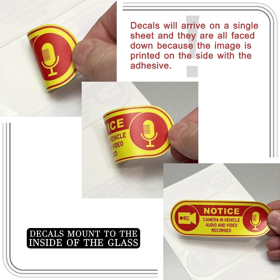 Camera in Car Recording Video XL 4-Pack INSIDE MOUNT Decals Yellow Red 4.25×1.5