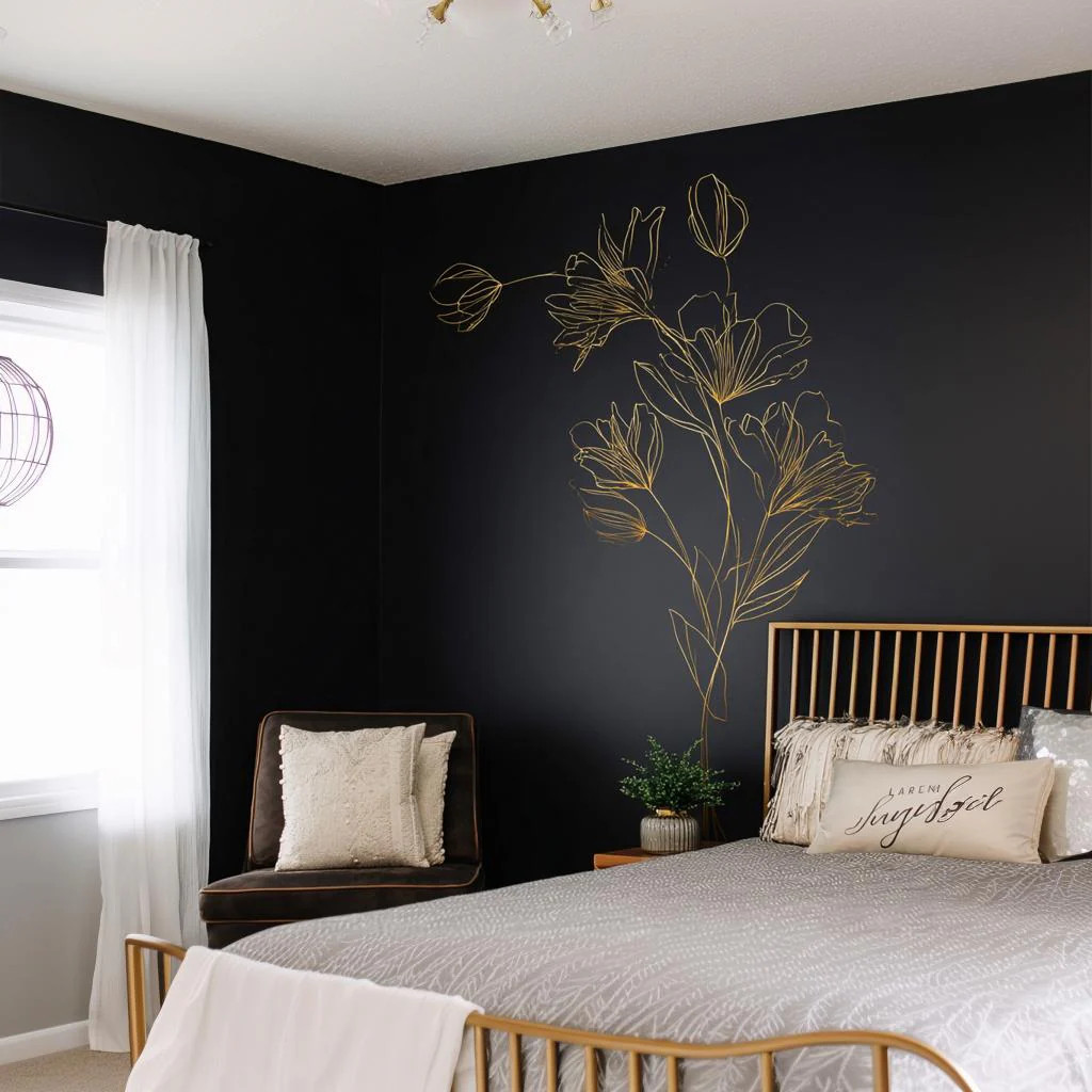 Gold Floral Line Art Wall Decal | Minimalist Corner Flower Wall Sticker