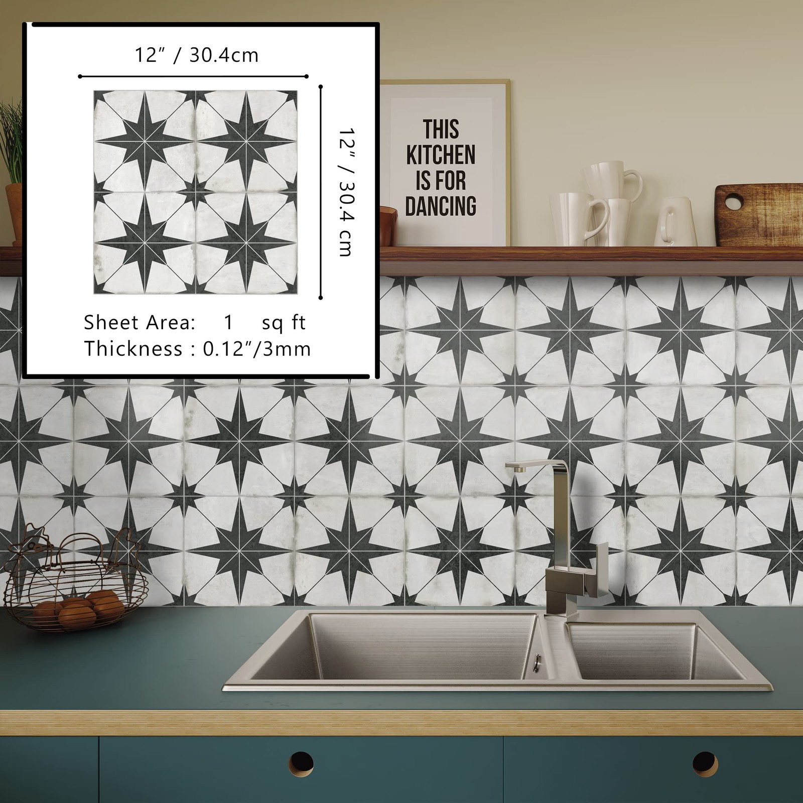 Encaustic Peel and Stick Backsplash, Black Star Patterned Vintage Stick on Ti…