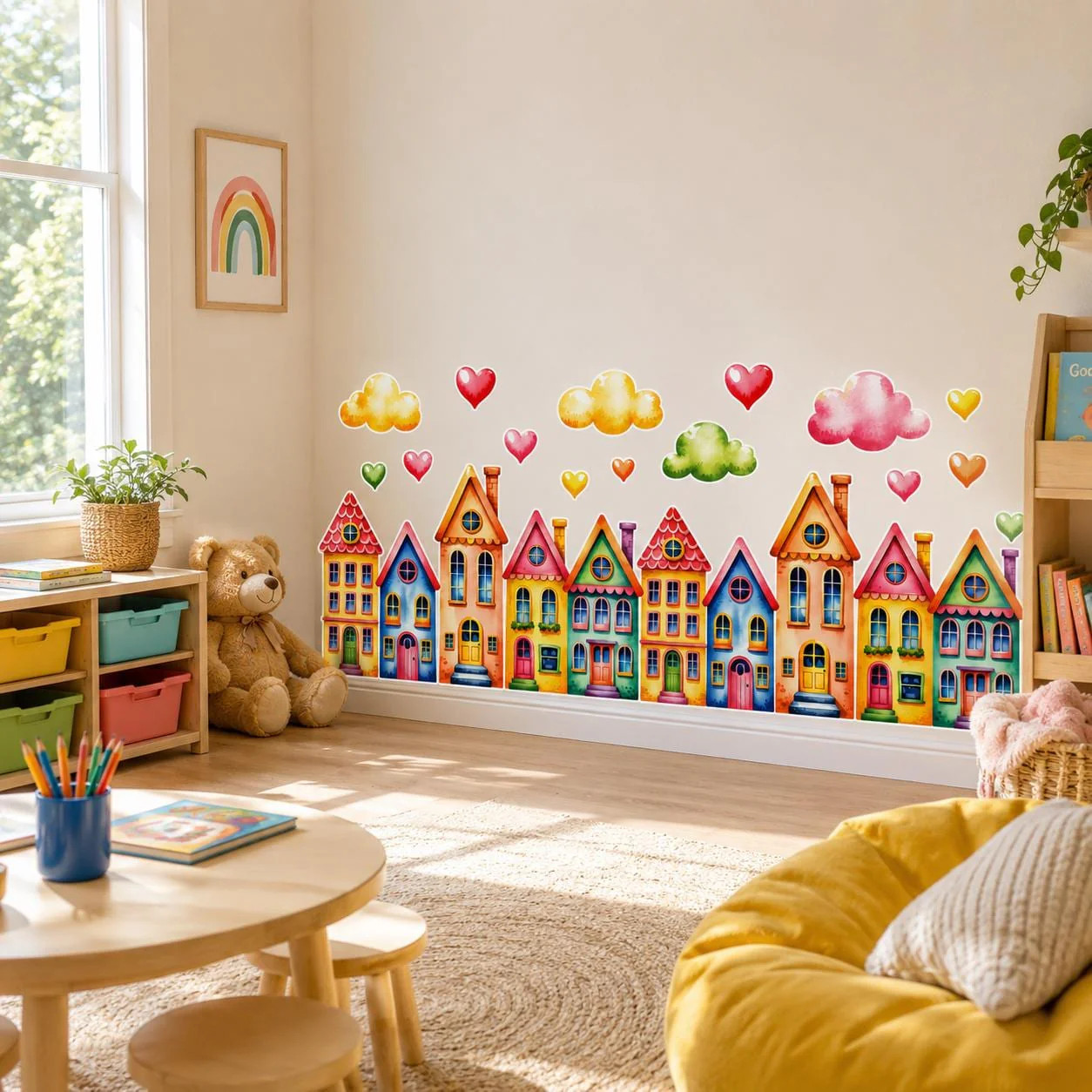 Colorful Watercolor Houses Wall Vinyl Decal | Rainbow Town Street Sticker