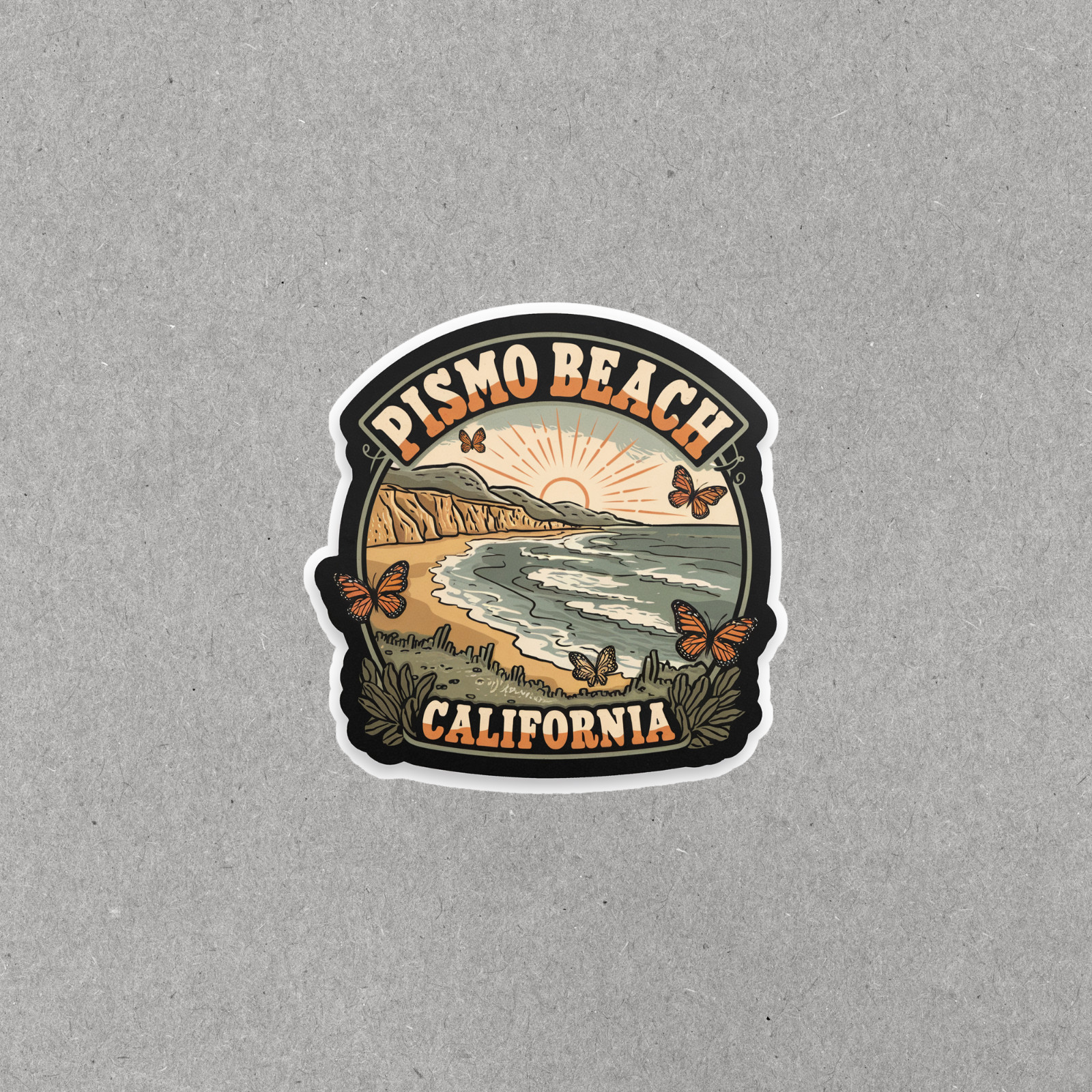 Pismo Beach California Vintage Style Sticker with Beach Sunrise & Butterflies #4