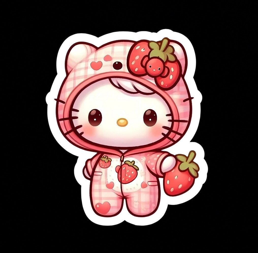 Hello Kitty, Cute Fun Pink Strawberry Adorable Glossy Vinyl sticker, Decal