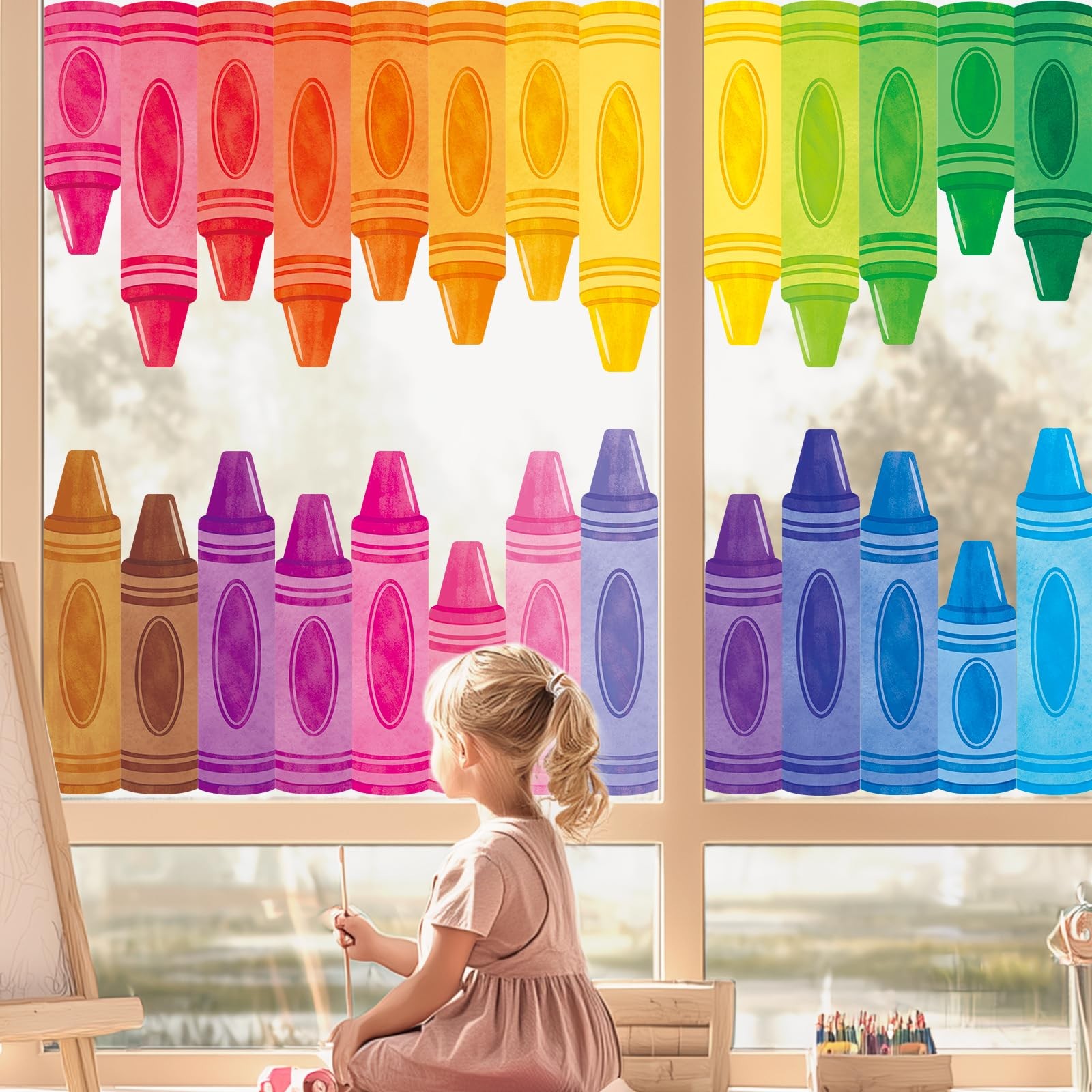 Color Crayon Window Clings – Double-Sided Pencil Window Stickers for Classroo…