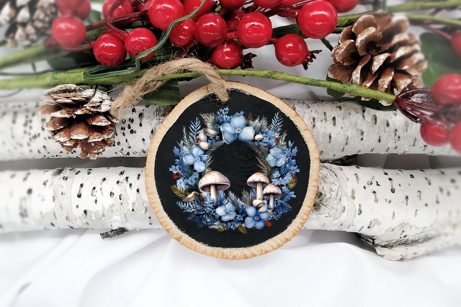 Blue and White Mushroom Wreath UV DTF Transparent Sticker / Decal
