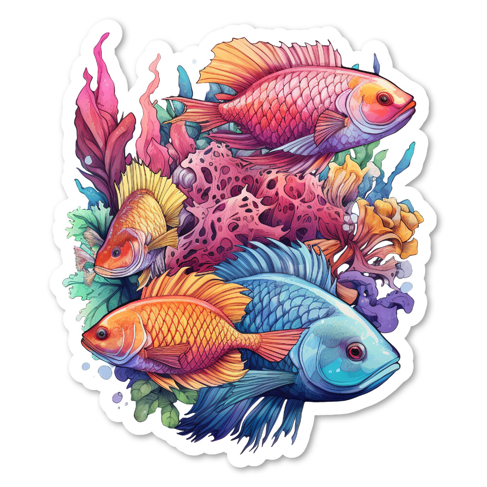 Fish and Coral Vinyl Sticker, Sealife, Water Resistant, Laptop, Water Bottle