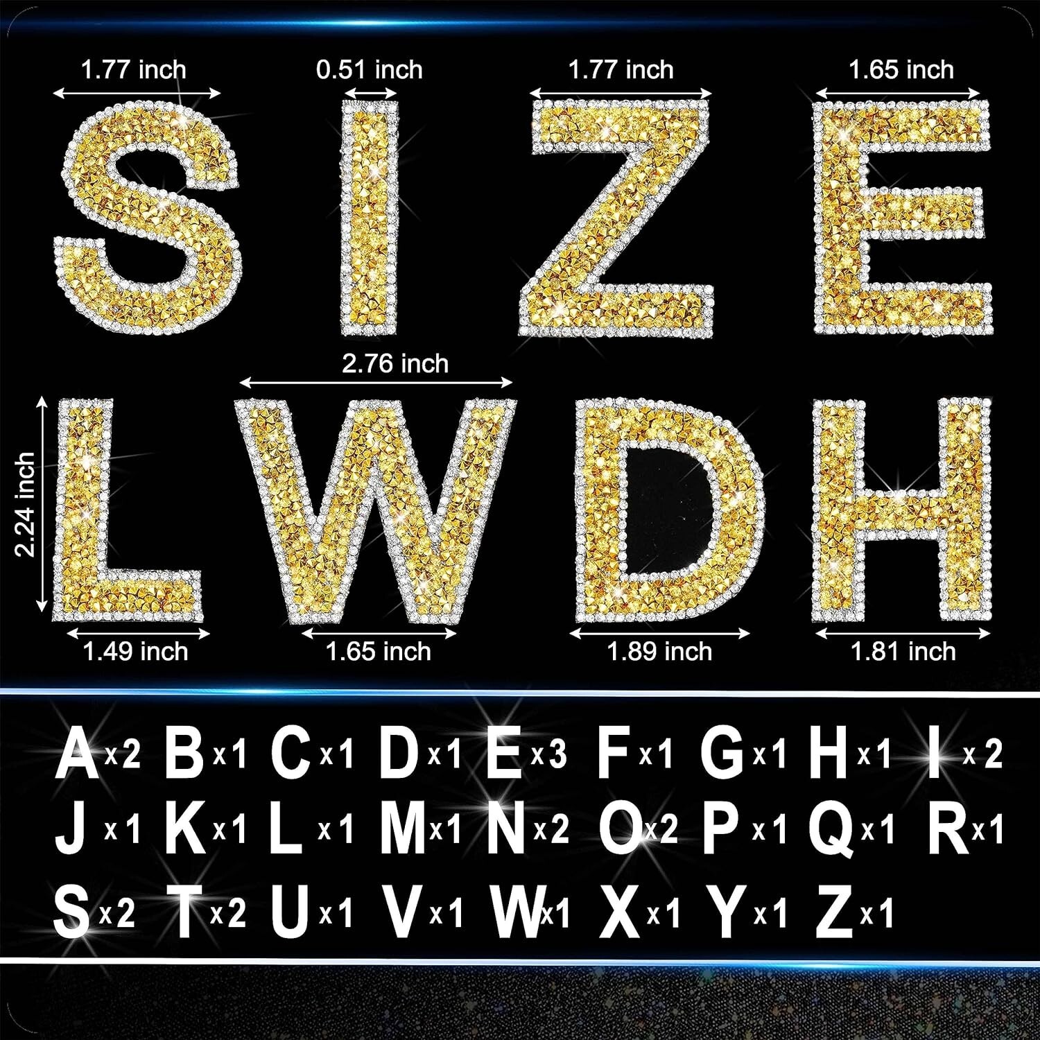 2.24" Gold White Rhinestone Letter Number Sticker Phone Laptop Hat Pack of 34