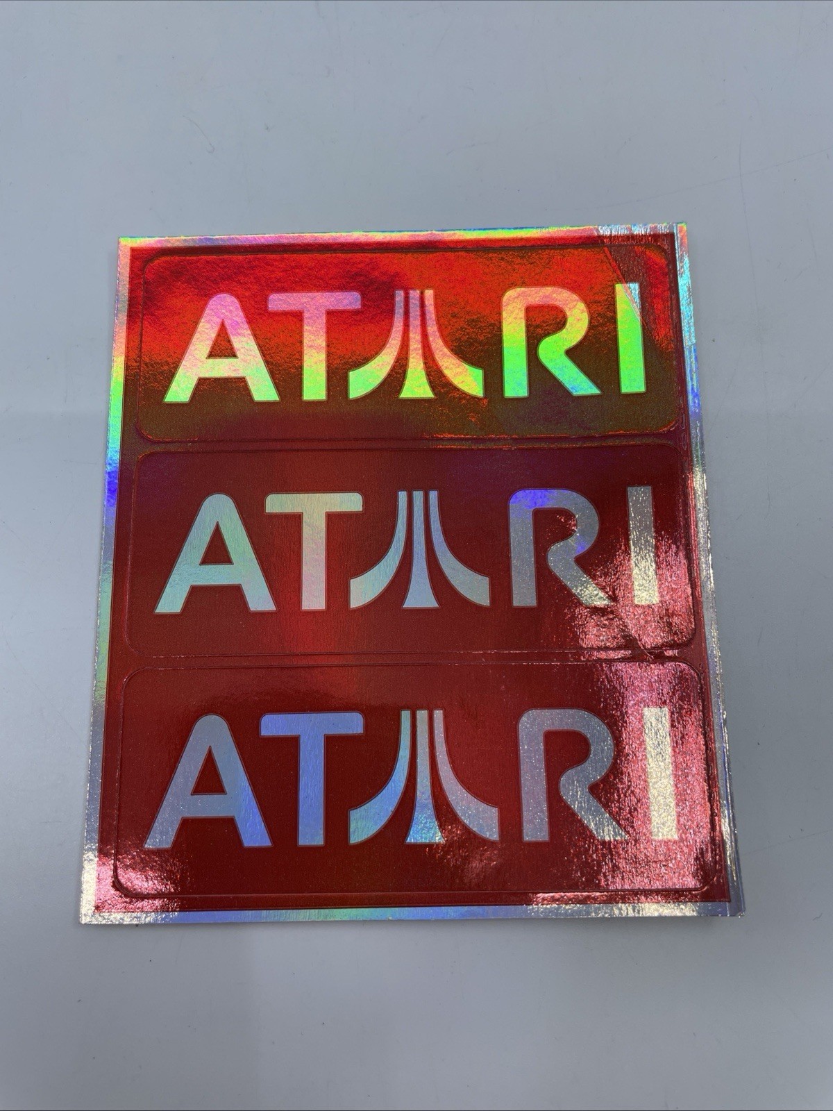 Set of 3 ATARI Red Classic Logo Stickers , Metallic-Decals 3" × 1”