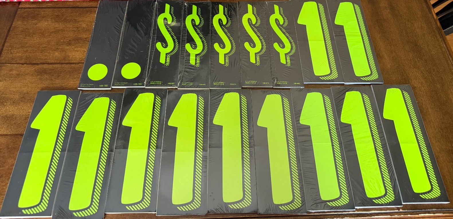 E-Z Lettering Number 1 Dollar Sign Decimal Windshield Decal Packages Lot
