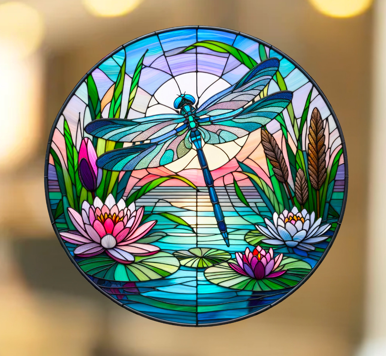 Dragonfly Water Lily Faux Stained-Glass WINDOW CLING Sun-catcher Size 8" Round