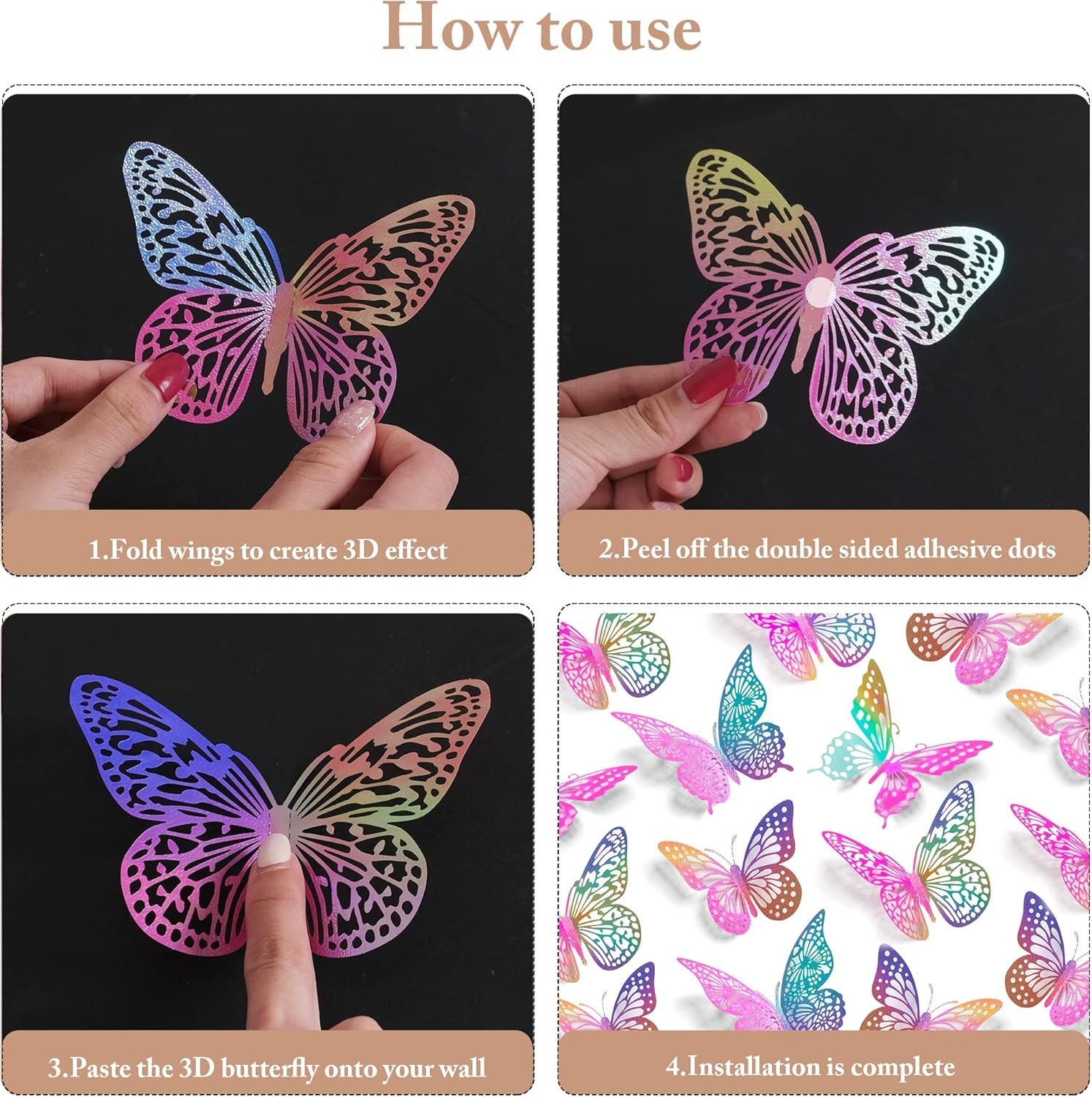SAOROPEB 3D Butterfly Wall Decor 48 Pcs 4 Styles 3 48 Pcs, Laser Pinkpurple
