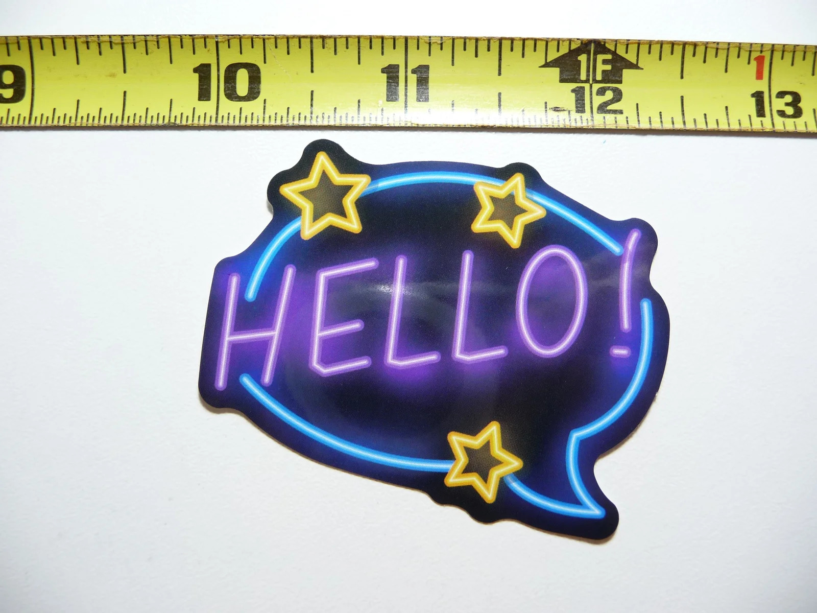HELLO HAPPY EXCLAMATION SMALL STICKER DECAL NEON STYLE FUN PLAYFUL COLORFUL