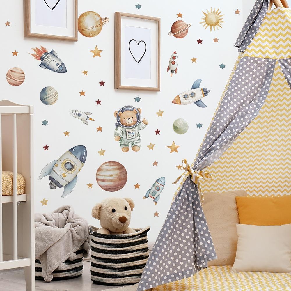 Cartoon Bear Astronaut Rocket Wall Decal – Removable Kids Room Nursery Decor