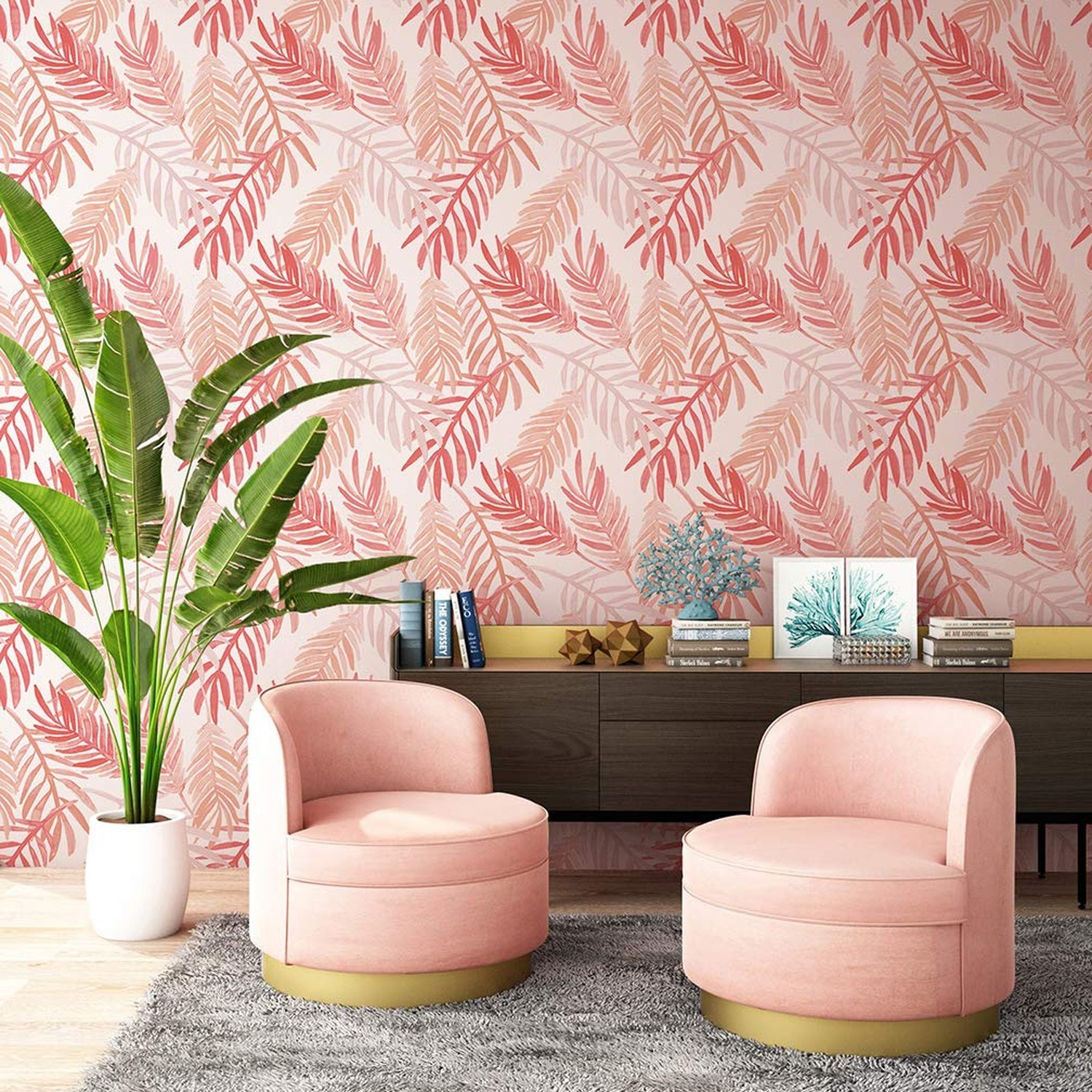 Flipside Pink and Peach Palm Leaves Peel and Stick Removable Wallpaper – Each…