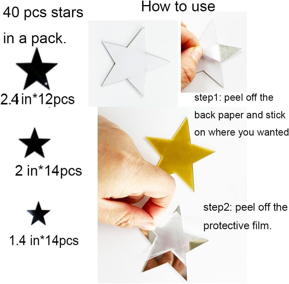 40Pcs Silver Stars Acrylic Mirror Wall Stickers with Adhesive Art Decal Satin…