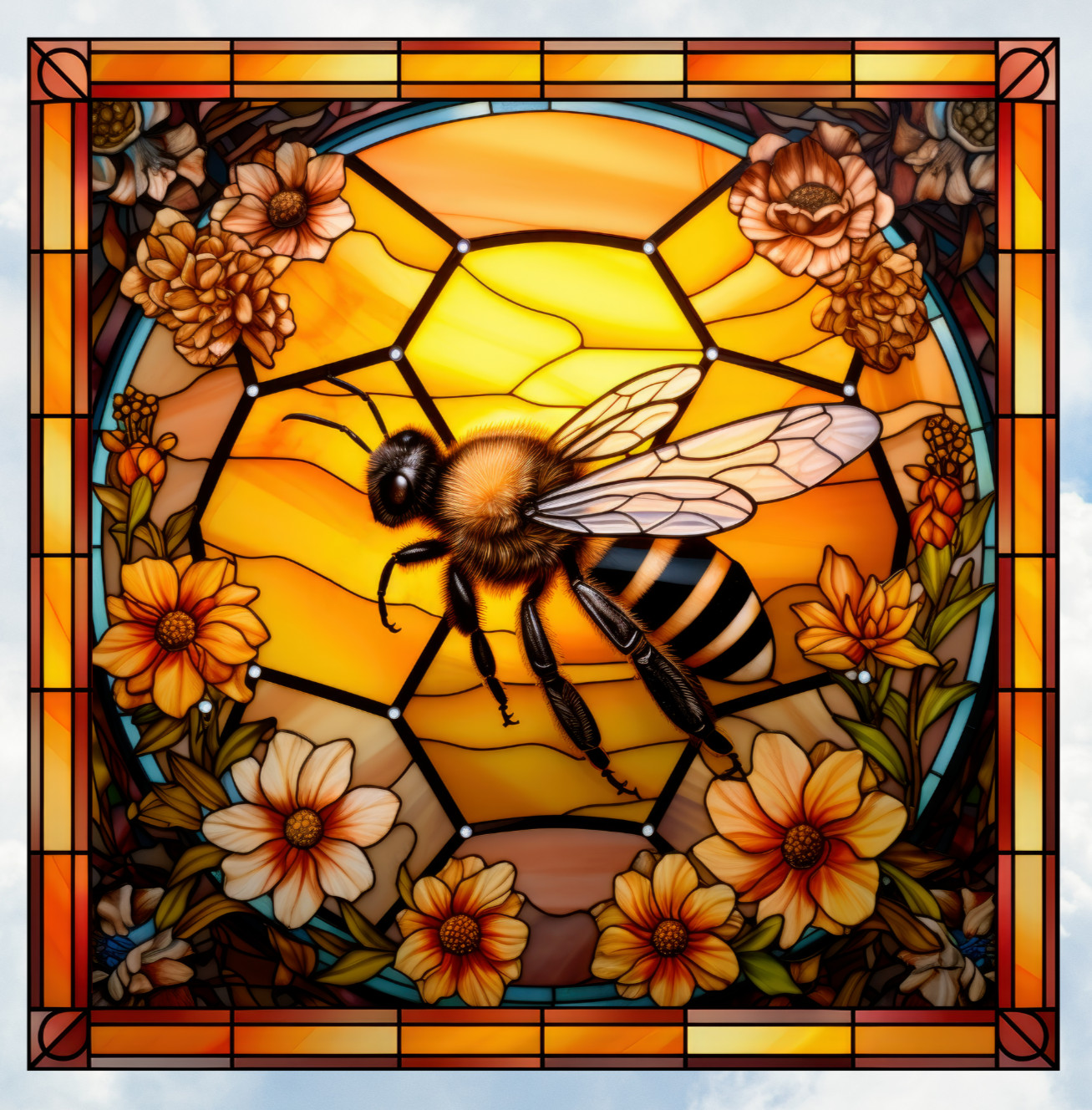 Bee Honeycomb Faux Stained-Glass WINDOW CLING Size 8" Square Vinyl