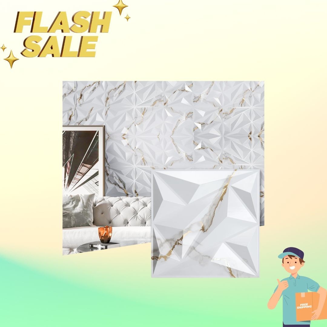 33 Pack 3D Diamond PVC Wall Panels 12"x12" Gold Veined White