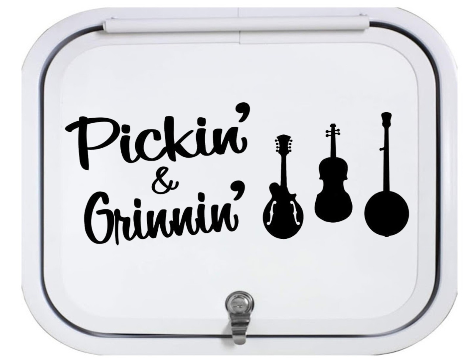 Bluegrass Music Mandolin Fiddle Banjo Black Decal Sticker Pick and Grin J1016B