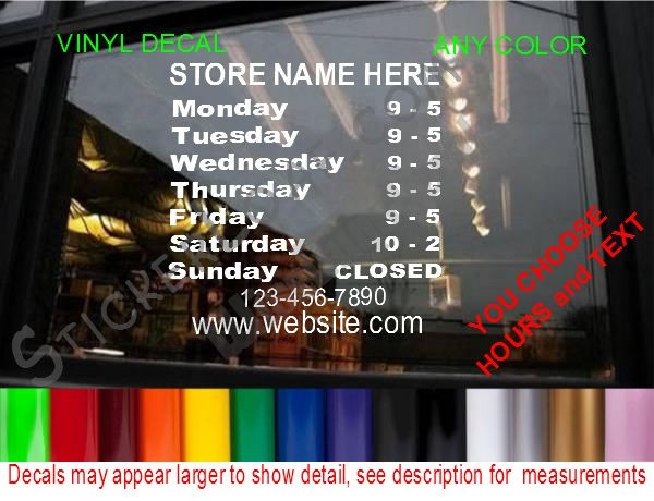 STORE HOURS CUSTOM WINDOW DECAL BUSINESS SHOP sign diner cafe restaurant flower