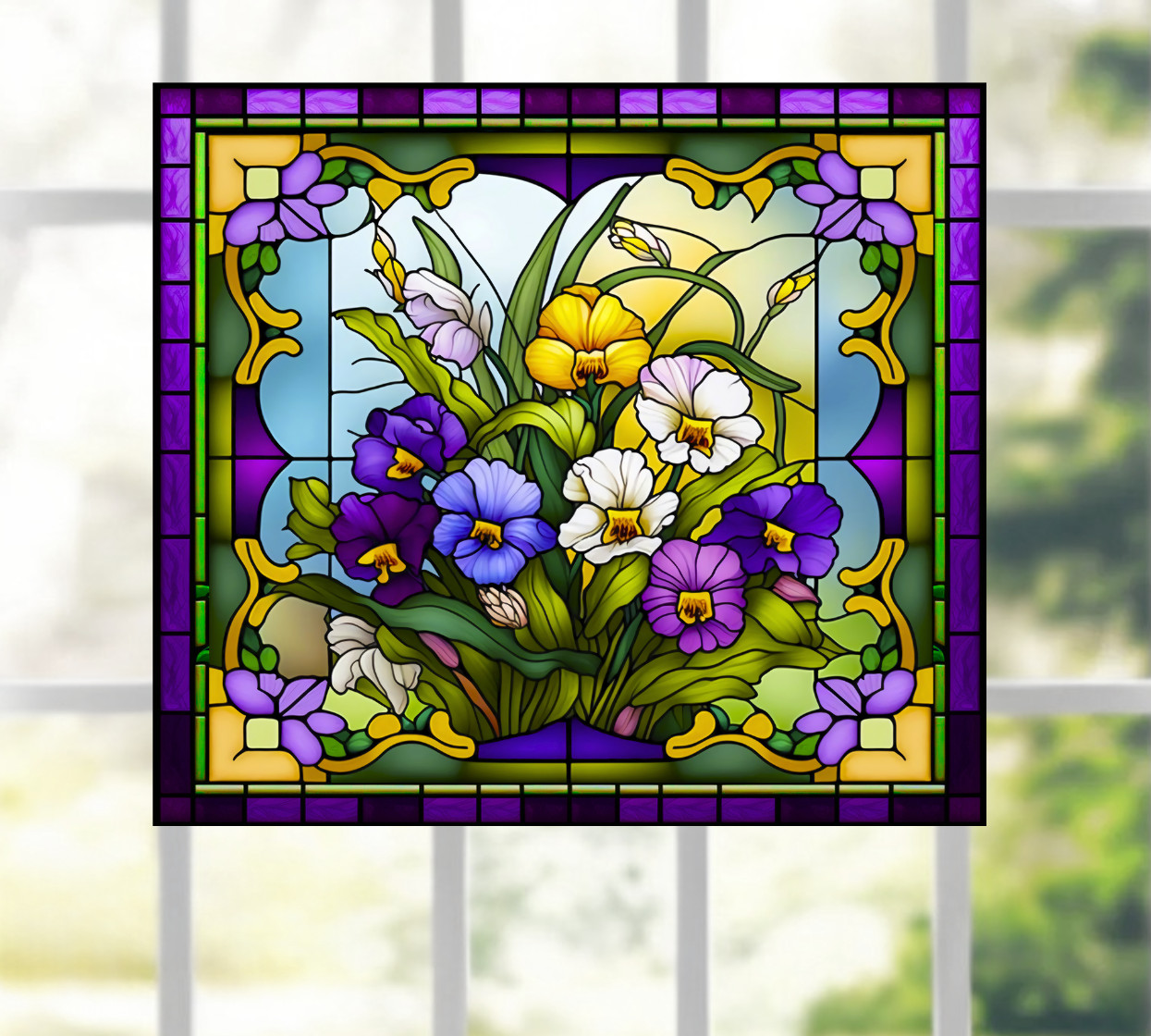 Pansies Faux Stained-Glass WINDOW CLING Size 9" Vinyl